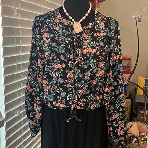 Decree Black Floral Blouse with Pink and Blue Accents